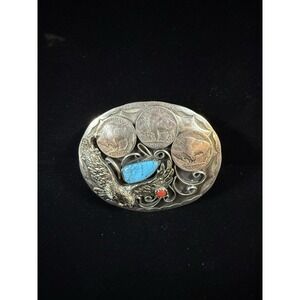 Navajo‎ Turquoise Red Coral Buffalo Nickel Buckle Sterling Silver 925 Vintage